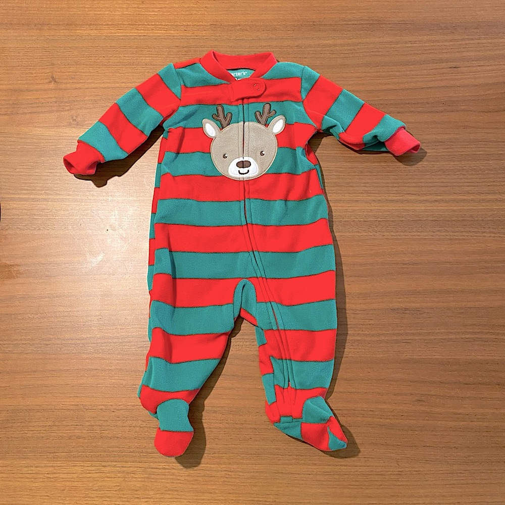Reindeer Green/Red Striped Footies 3-6 mths